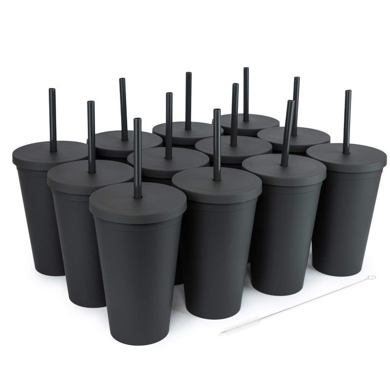 STRATA CUPS Classsic Black Tumblers with Lids (12 pack) - 16oz Colored Acrylic Cups with Lids and Straws | Double Wall Matte Plastic Bulk Tumblers With FREE Straw Cleaner! Customizable DIY Gifts - Image 1